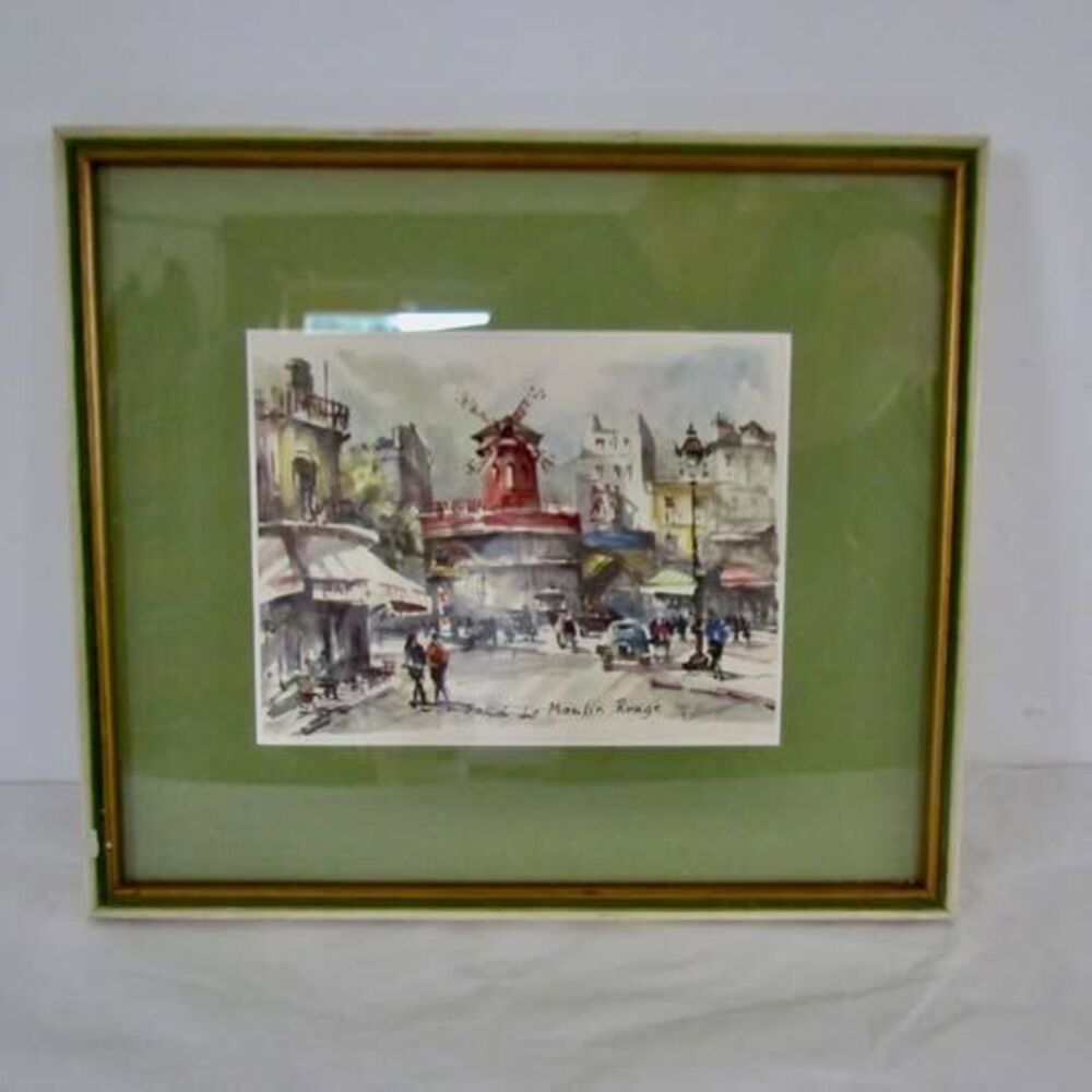 Vintage Charming Watercolor Style Paris Scene of Moulin Rouge Matted & Framed